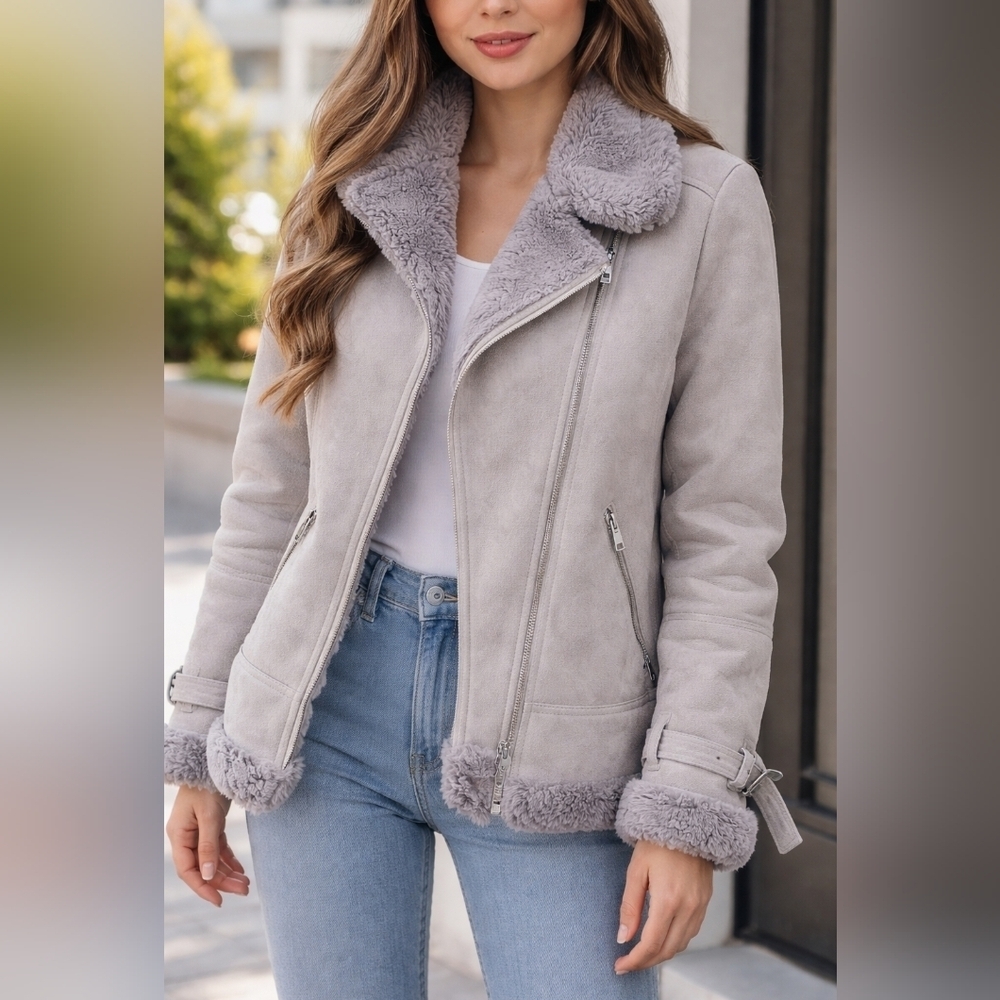 Hollister faux fur-lined shearling biker jacket in gray M faux fur collar Zipper